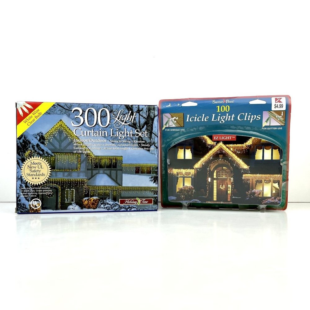 Icicle Christmas Lights 300 Lights Curtain Light Set of 2 Stands and Clips Lot
